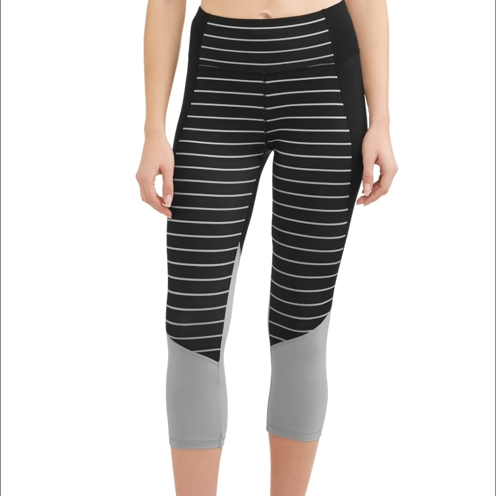 Athletic Works Black and Gray Striped Capri Performance Leggings